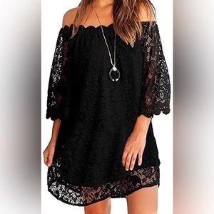 Black Lace Off the Shoulder Shift Mini Dress. size Medium.